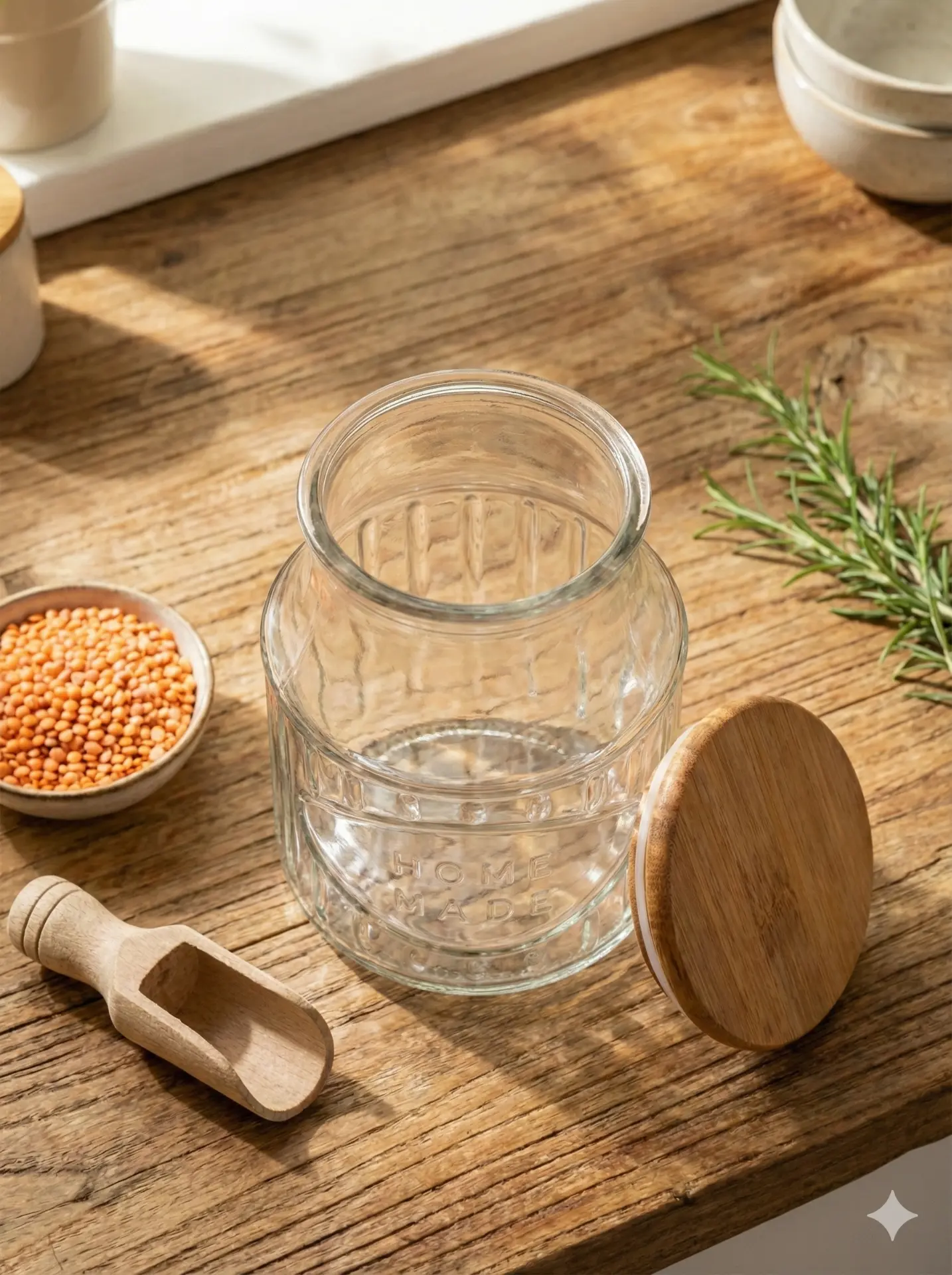 Glass kitchen jar with its natural wooden lid