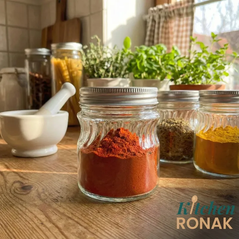 Small glass jars of red chilli, cumin and turmeric on a sunny kitchen counter